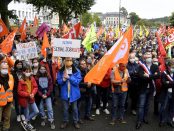 Manifestation en soutien aux salariés de Nokia Lannion, ce samedi 4 juillet 2020 dans le centre ville de Lannion en Bretagne