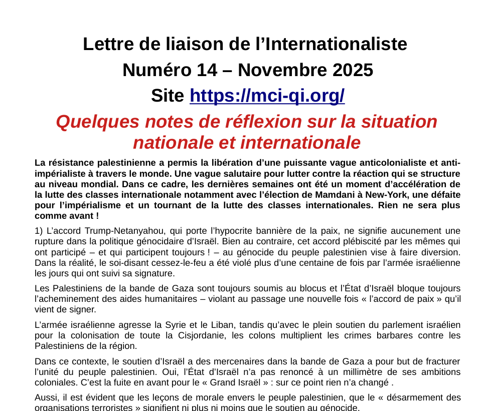 Lettre de liaison de l'Internationaliste Numéro 14 - Novembre 2025 Lettre numéro 14